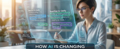 Woman using futuristic interface to analyze AI text correction, with highlighted text and digital elements, emphasizing the impact of AI on communication and writing tools.