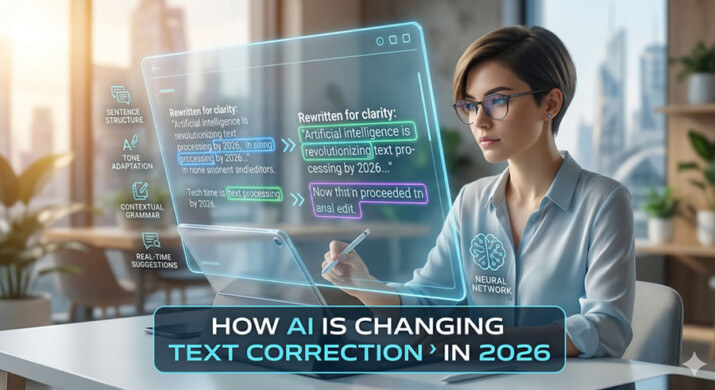 Woman using futuristic interface to analyze AI text correction, with highlighted text and digital elements, emphasizing the impact of AI on communication and writing tools.