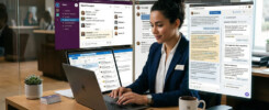 Woman typing on laptop in office, interacting with messaging platforms and AI chat, showcasing TypoGuard's real-time text correction features for effective communication.
