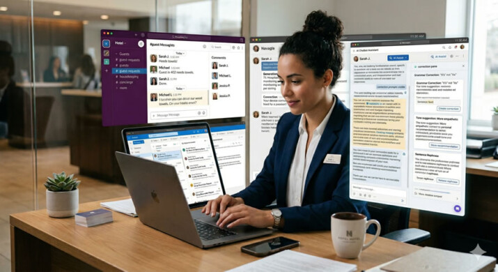 Woman typing on laptop in office, interacting with messaging platforms and AI chat, showcasing TypoGuard's real-time text correction features for effective communication.